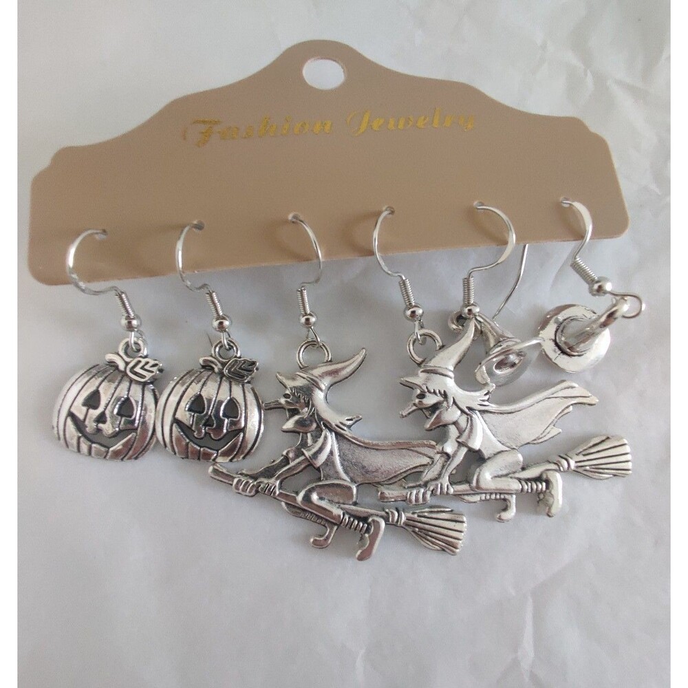 Halloween pumpkin witch hat Hand Crafted dangle Earrings: 3 pairs